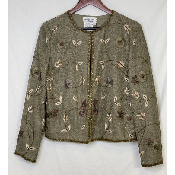 Adrianna Papell Jackets & Blazers - NEW Adrianna Papell Evening Beige Floral Silk Beaded & Sequin Jacket Lined Sz 6